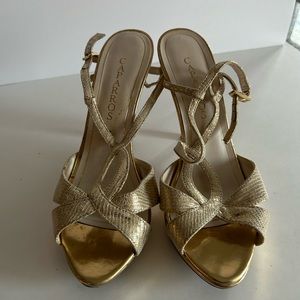 Caparros Golden Heels Gold Strap Sandals Buckle Okay Condition